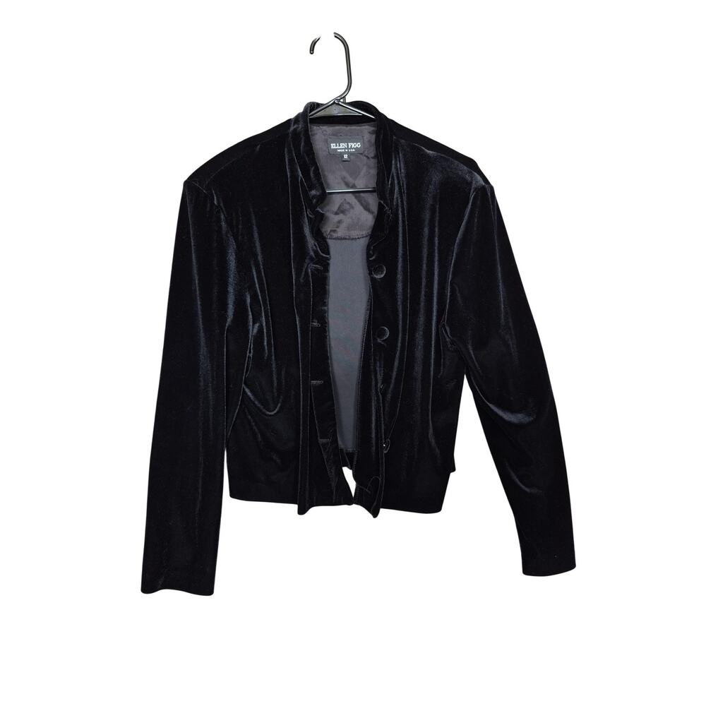 Ellen Figg Blazer Jacket Womens 12 Black Velvet Button Front Made USA Short